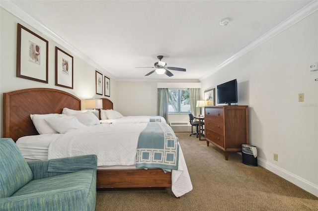 carpeted bedroom with ceiling fan and crown molding