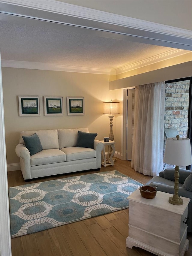 living room featuring crown molding and hardwood / wood-style floors