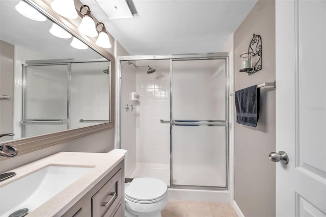 bathroom featuring tile patterned flooring, vanity, toilet, and an enclosed shower