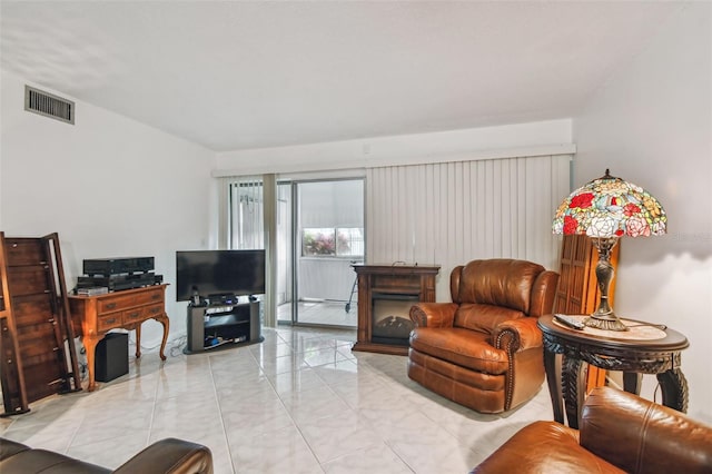 living room featuring tile floors