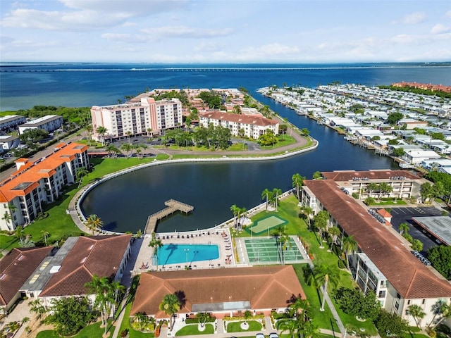 aerial view featuring a water view