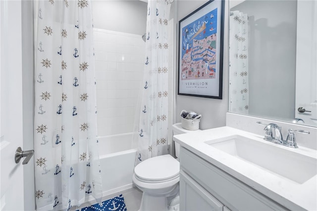 full bathroom featuring toilet, shower / bathtub combination with curtain, and vanity