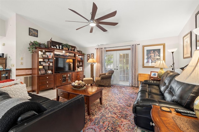 living room featuring french doors, vaulted ceiling, and ceiling fan