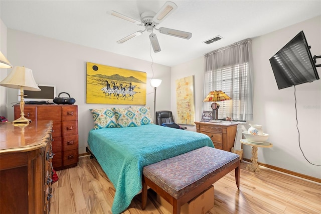 bedroom featuring ceiling fan and light hardwood / wood-style floors