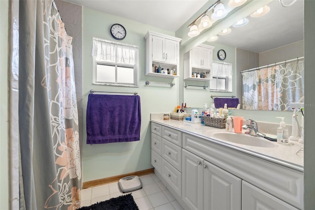 bathroom with tile patterned flooring, vanity, and a shower with shower curtain