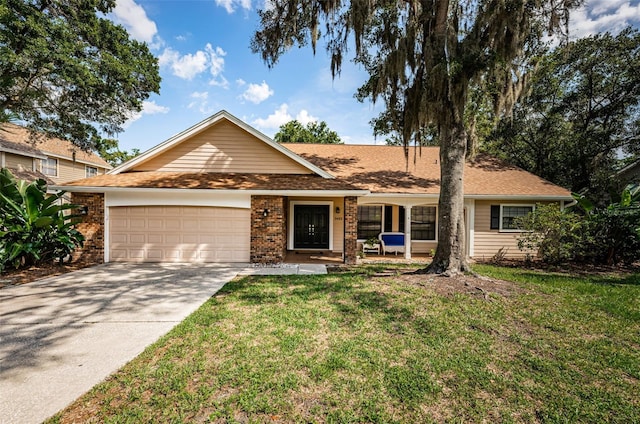 ranch-style house with a garage and a front yard