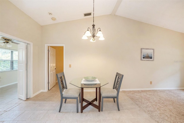 dining room featuring light carpet, ceiling fan with notable chandelier, visible vents, baseboards, and beamed ceiling