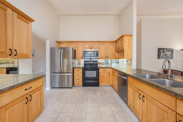 kitchen with stainless steel appliances, dark stone countertops, a sink, and a high ceiling