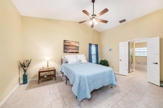 bedroom with a ceiling fan, visible vents, vaulted ceiling, and baseboards