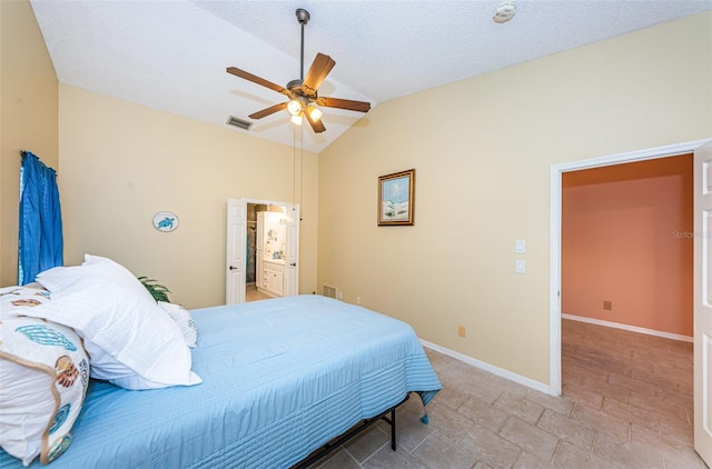 bedroom featuring visible vents, vaulted ceiling, baseboards, and ceiling fan