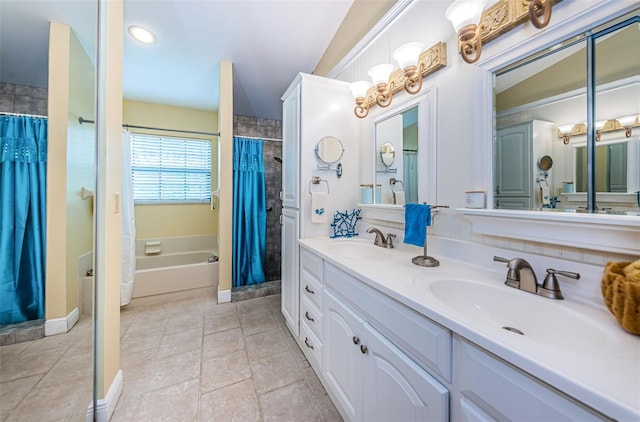 full bathroom featuring double vanity, a tub to relax in, a shower with shower curtain, and a sink