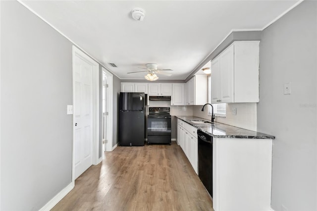 kitchen with white cabinets, sink, backsplash, and black appliances