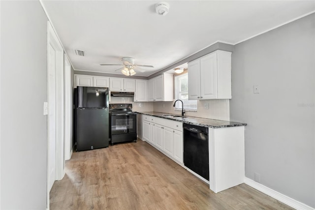 kitchen featuring backsplash, ceiling fan, sink, black appliances, and white cabinetry