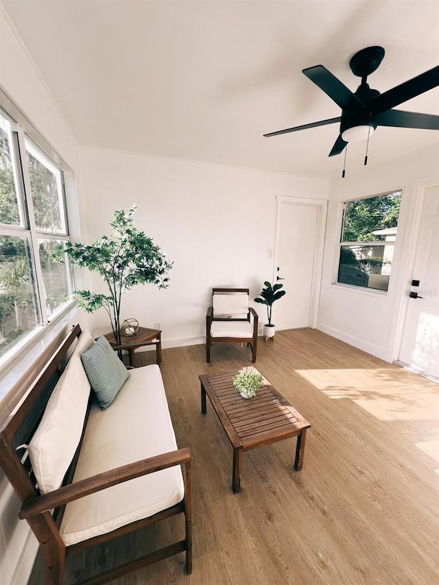 living room featuring hardwood / wood-style floors and ceiling fan