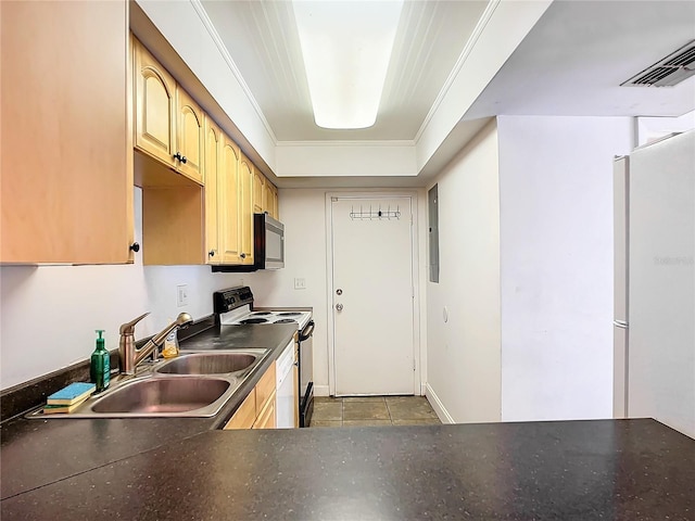 kitchen with electric range oven, crown molding, sink, light brown cabinets, and light tile patterned floors