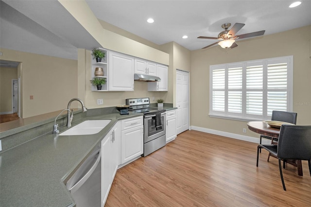 kitchen with ceiling fan, sink, light hardwood / wood-style flooring, white cabinets, and appliances with stainless steel finishes