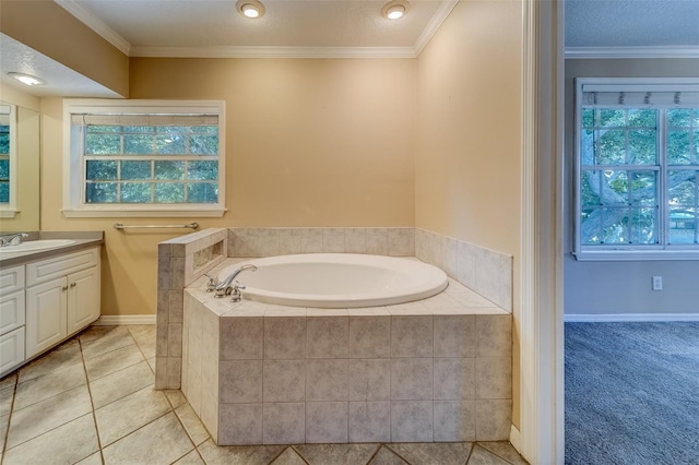 bathroom featuring a relaxing tiled tub, tile patterned floors, and ornamental molding