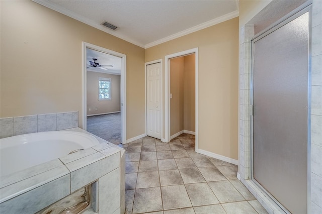 bathroom featuring tile patterned flooring, separate shower and tub, ceiling fan, and ornamental molding