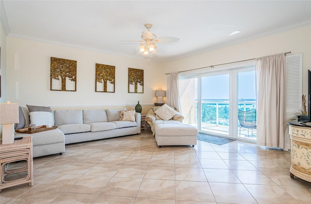 tiled living room with crown molding and ceiling fan