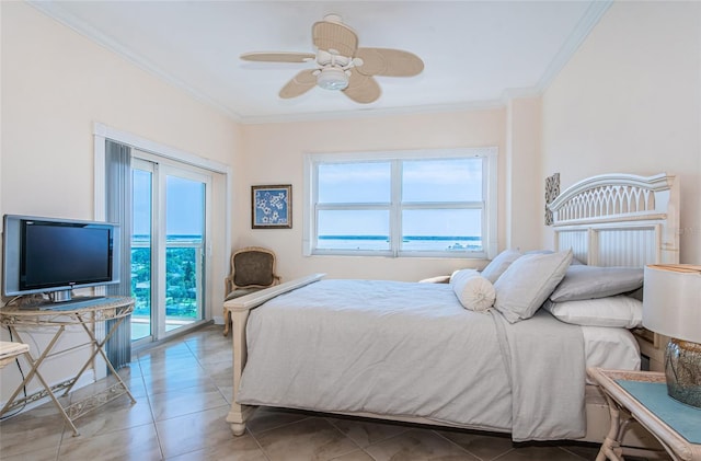 tiled bedroom featuring crown molding, access to outside, and ceiling fan