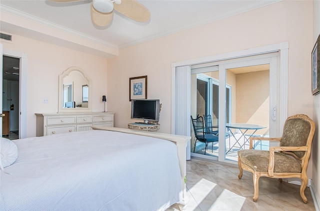 bedroom featuring access to outside, ornamental molding, ceiling fan, and light tile patterned flooring