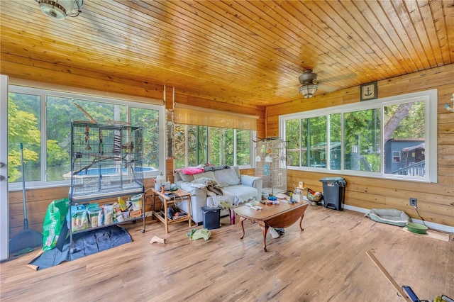 sunroom featuring ceiling fan and wood ceiling