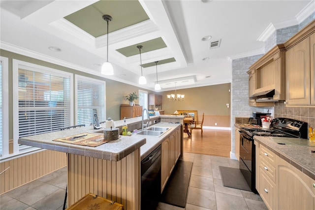 kitchen with sink, light brown cabinets, a center island with sink, light tile patterned floors, and black appliances