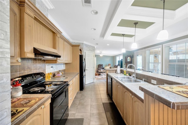 kitchen with black appliances, ventilation hood, sink, hanging light fixtures, and ornamental molding