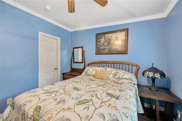 bedroom featuring ceiling fan and ornamental molding