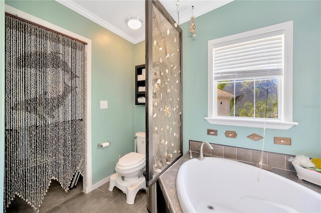 bathroom with tile patterned flooring, toilet, ornamental molding, and a tub