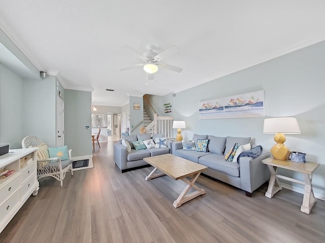 living room with ceiling fan, ornamental molding, and light wood-type flooring