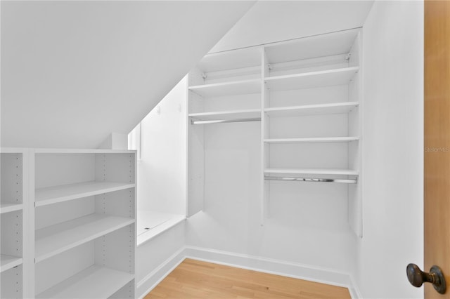 spacious closet with lofted ceiling and wood-type flooring