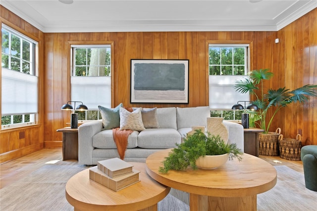 living room featuring crown molding, wooden walls, and light parquet flooring