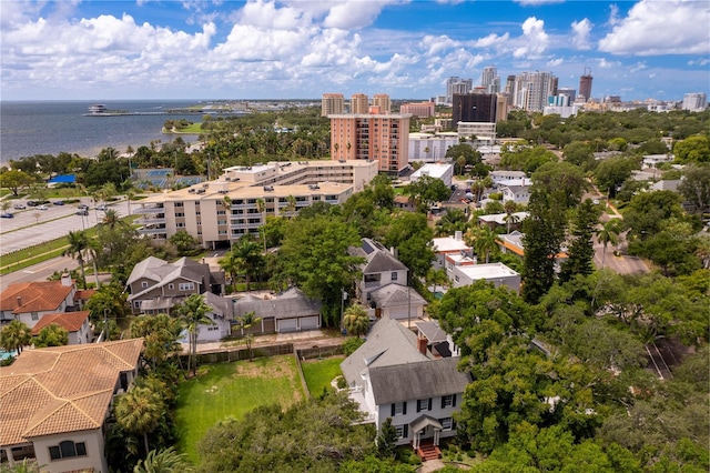 aerial view featuring a water view