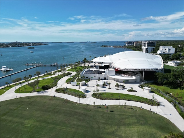 drone / aerial view featuring a water view