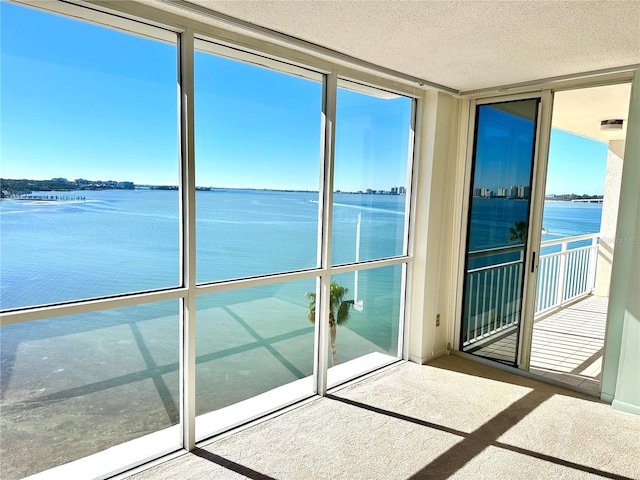 unfurnished sunroom with a water view