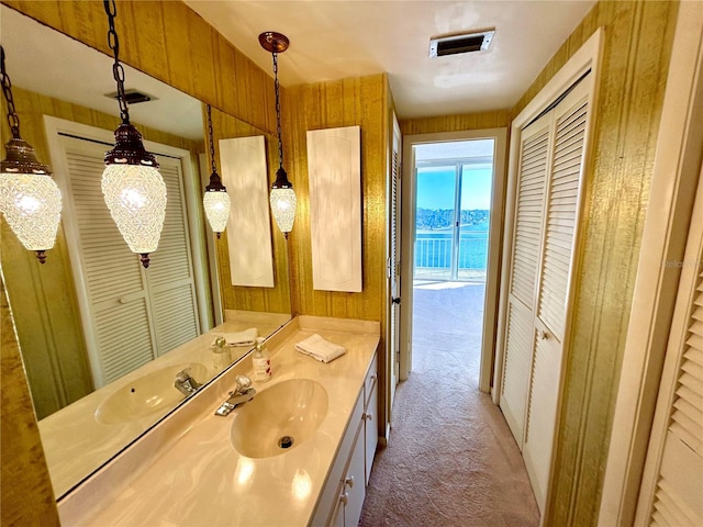 bathroom with wooden walls, vanity, and a water view