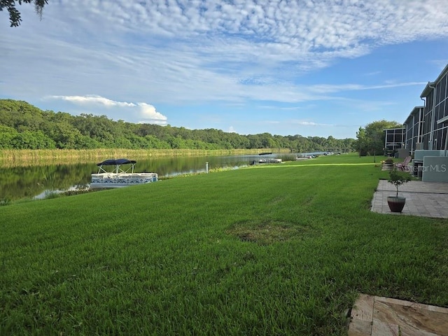 view of yard with a dock and a water view