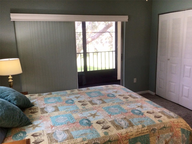 carpeted bedroom featuring access to outside and a closet