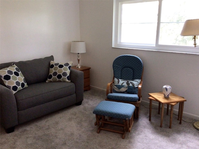 living room featuring carpet flooring and baseboards