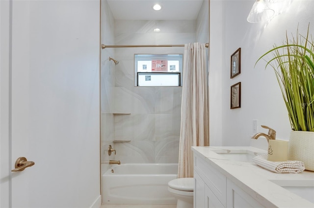 full bathroom with toilet, shower / bathtub combination with curtain, and vanity