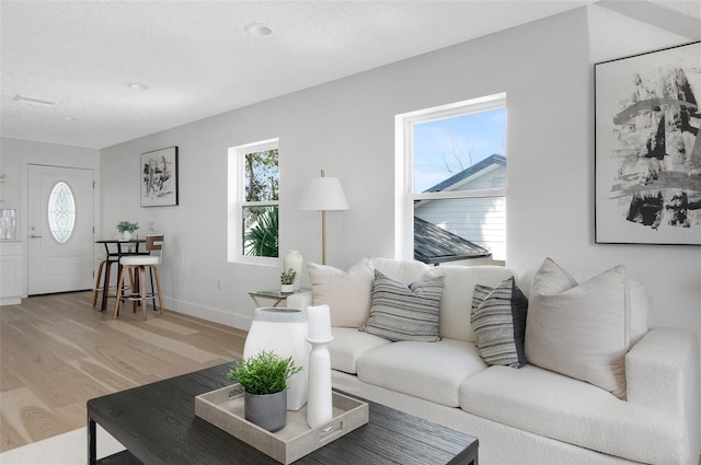 living area featuring light wood-type flooring, baseboards, and a wealth of natural light