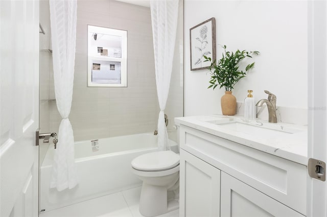 bathroom featuring shower / bath combo, tile patterned flooring, vanity, and toilet