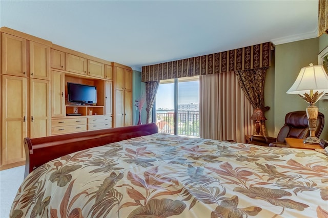 bedroom featuring access to exterior and crown molding