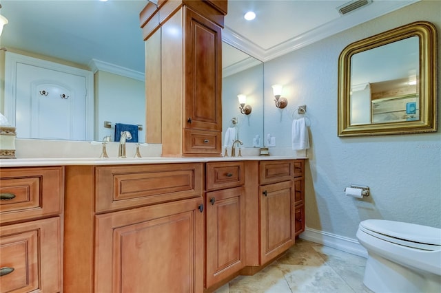 bathroom with tile patterned flooring, vanity, toilet, and crown molding