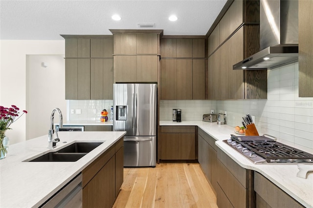 kitchen featuring tasteful backsplash, sink, wall chimney exhaust hood, stainless steel appliances, and light hardwood / wood-style flooring