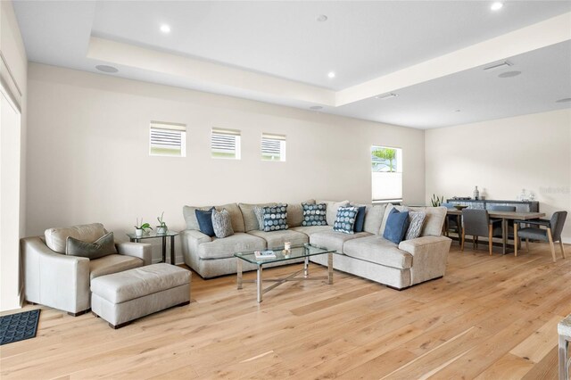 living room featuring a raised ceiling and light hardwood / wood-style floors