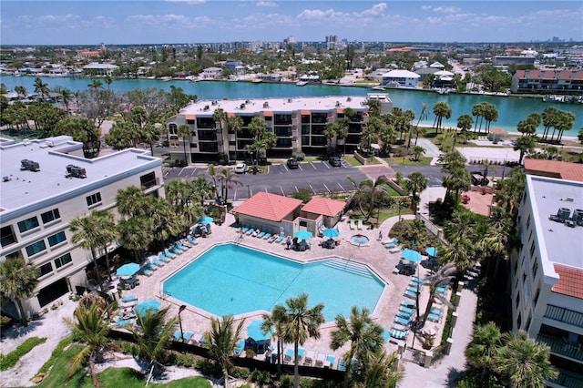 7532 Bayshore Dr Unit 205, Treasure Island, FL 33706 - bird's eye view of a pool area and a large body of water