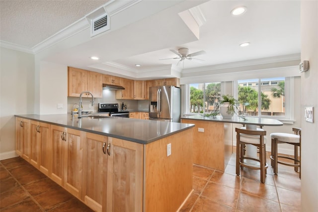 kitchen featuring sink, crown molding, appliances with stainless steel finishes, and kitchen peninsula