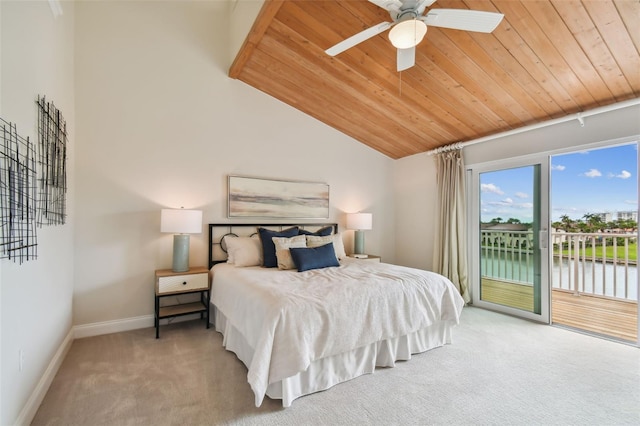 carpeted bedroom featuring lofted ceiling, wood ceiling, access to outside, a water view, and ceiling fan